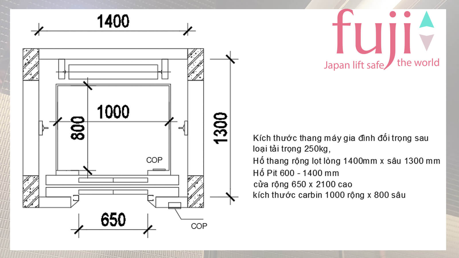 Thang máy gia đình 250kg với thiết kế đối trọng sau