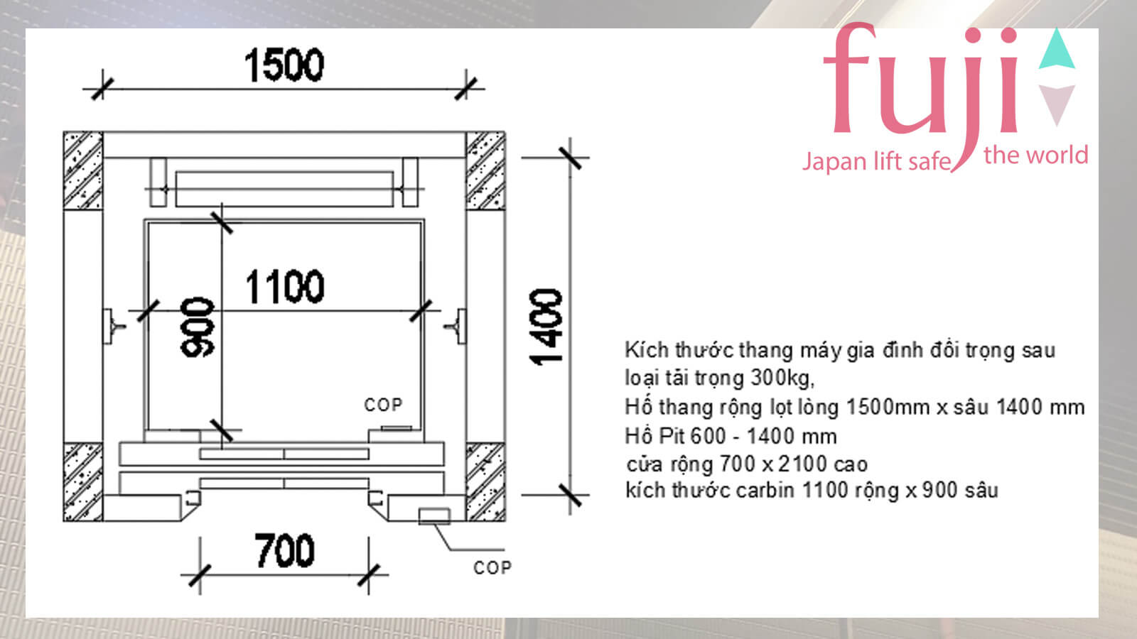 Kích thước thang máy gia đình tải trọng 300kg với thiết kế đối trọng sau