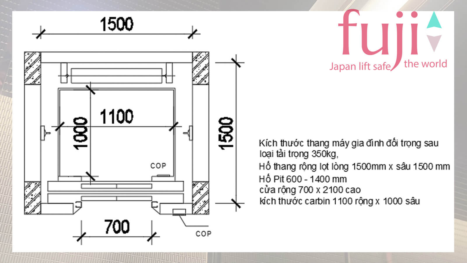 Kích thước thang máy gia đình tải trọng 350kg với thiết kế đối trọng sau