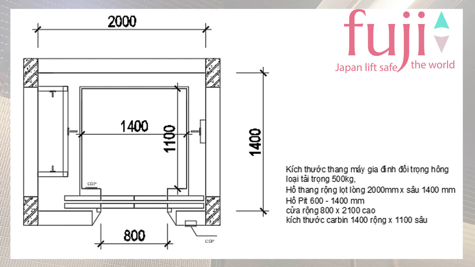 Thang máy gia đình 500kg với thiết kế đối trọng hông