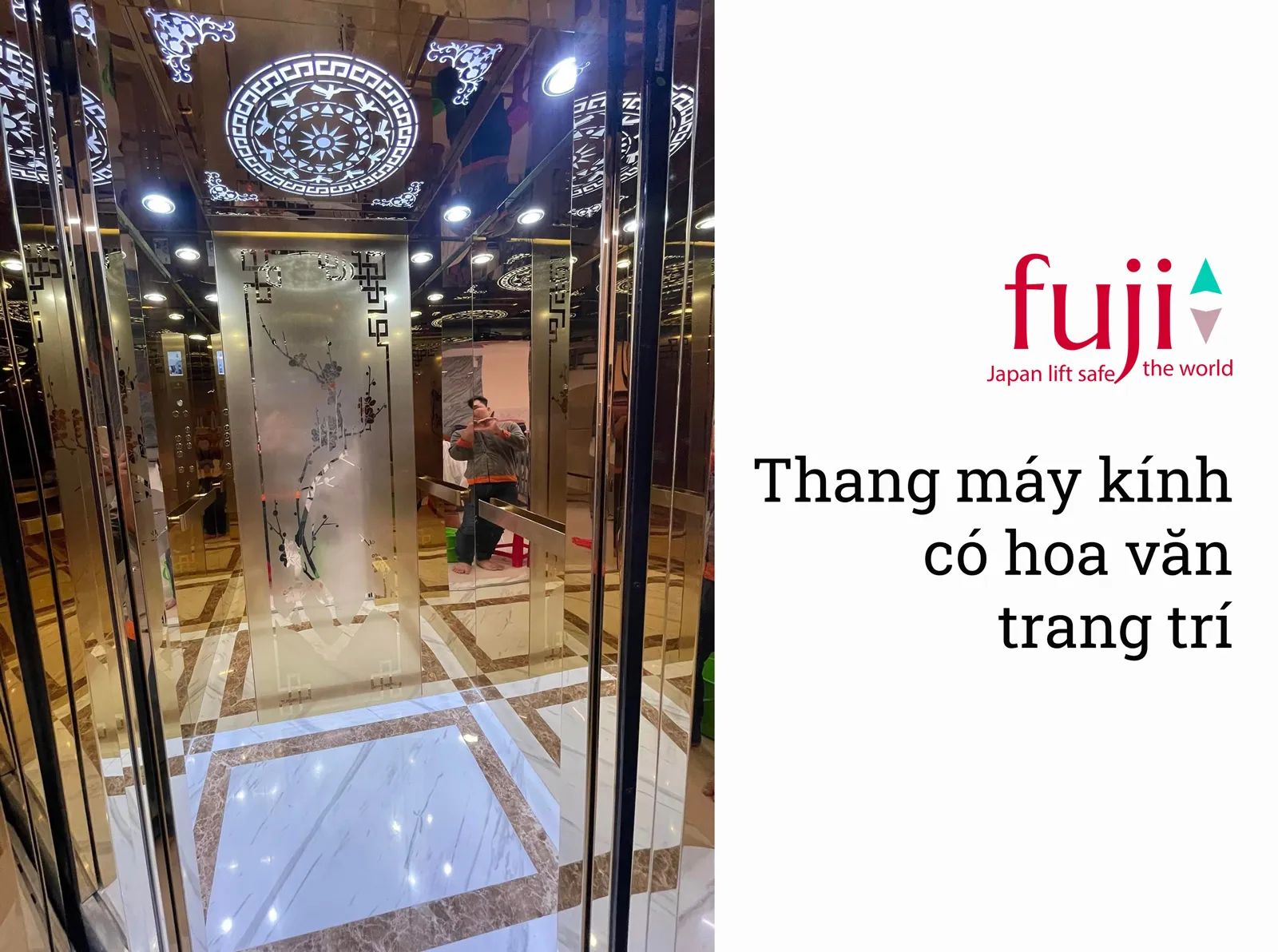 Mẫu thang máy kính đẹp có hoa văn trang trí