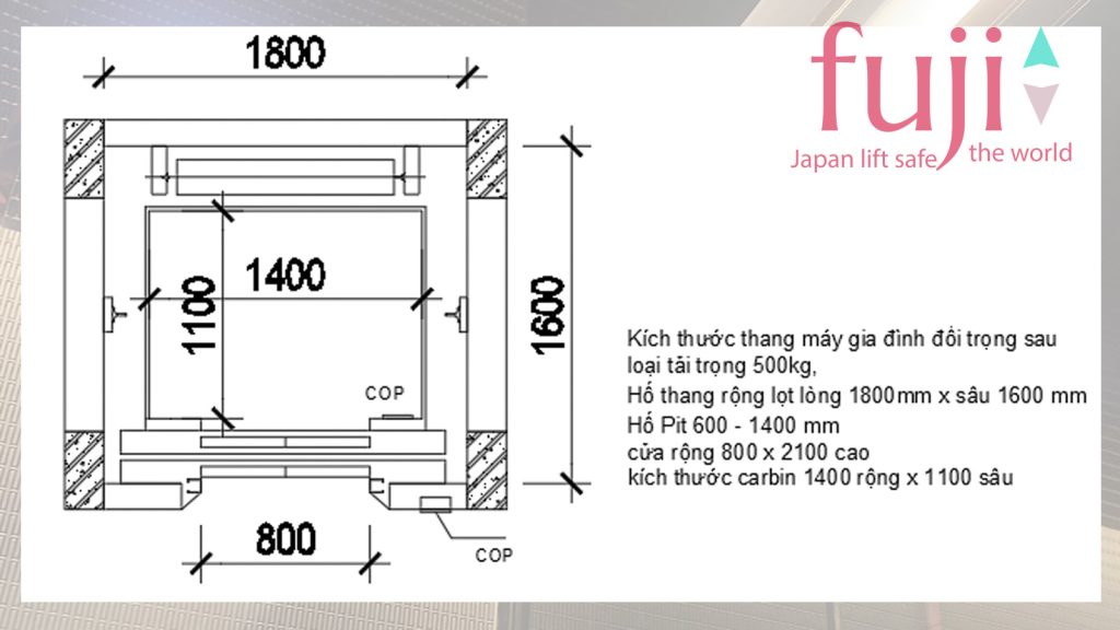 Thang máy gia đình 500kg với thiết kế đối trọng sau